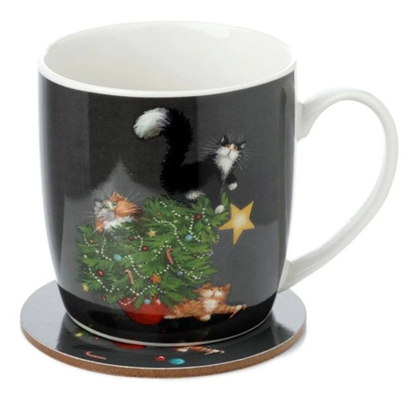 Christmas Tree Cats Mug and Coaster Set