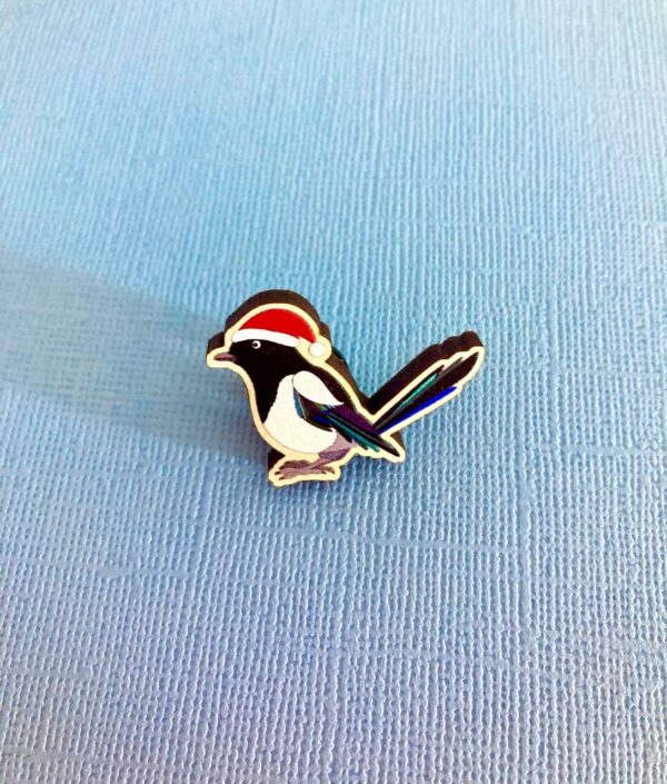 Santa Magpie Wooden Pin Badge