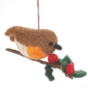 Robin On A Holly Branch Felt Hanging Christmas Decoration